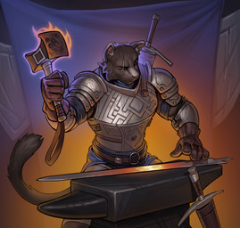 anthro anvil armor black_body black_fur brown_clothing brown_eyes brown_gloves brown_handwear cheek_tuft clothed clothing facial_tuft forging front_view fur gloves hammer handwear holding_hammer holding_object holding_tool male male_anthro melee_weapon mouth_closed narrowed_eyes solo standing sword tools tuft weapon edvardiko felid mammal absurd_res hi_res