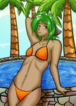 animal_ears bikini breasts clothing cloud female green_eyes green_hair hair looking_at_viewer navel palm_tree plant pool pose sky small_breasts smile smiling_at_viewer solo standing swimwear tan_body tree two-piece_swimsuit skbld twokinds karen_taverndatter animal_humanoid cat_humanoid felid felid_humanoid feline feline_humanoid humanoid mammal mammal_humanoid young_(lore)