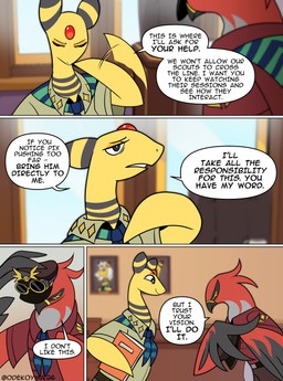 ambiguous_gender anthro aviator_cap aviator_goggles bowing clothed clothing dialogue duo harmony_scarf speech_bubble tan_clothing text odeko-yma nintendo pokemon pokemon_mystery_dungeon spike_chunsoft captain_cinder_(odeko-yma) ampharos generation_2_pokemon generation_6_pokemon pokemon_(species) talonflame 2026 absurd_res comic digital_media_(artwork) english_text hi_res signature