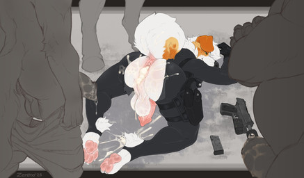 after_anal after_orgasm all_fours animal_genitalia animal_penis anthro anus backsack balls black_clothing black_skinsuit bodily_fluids bottomwear bottomwear_down butt canine_genitalia canine_penis clothed clothing crossed_arms cum cum_covered_penis cum_drip cum_from_ass cum_in_ass cum_inside cum_on_balls cum_on_butt cum_on_ground defeated dripping erection foreskin gaping gaping_anus genital_fluids genitals group gun humanoid_genitalia humanoid_penis male male/male pants pants_down partially_clothed partially_retracted_foreskin pawpads penis raised_tail ranged_weapon saggy_balls skinsuit solo_focus standing stirrup_clothing tail tight_clothing torn_clothing weapon zereno australian_shepherd canid canine canis domestic_dog herding_dog mammal pastoral_dog sheepdog hi_res