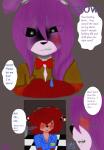 2014 angry animatronic anthro apology black_eyes blue_clothing blue_shirt blue_topwear blush bonnie_(fnaf) bow_(feature) bow_tie brown_body brown_clothing brown_eyes brown_fur brown_shirt brown_topwear clothing comic discordmelody duo ellipsis english_text exclamation_point female five_nights_at_freddy's freckles fur hair hi_res inside jasmine_ivory lagomorph leporid looking_at_another machine male mammal nightguard open_mouth profanity purple_body purple_fur purple_hair rabbit red_hair robot rodent sciurid scottgames shirt signature sound_effects teeth text tongue topwear tree_squirrel