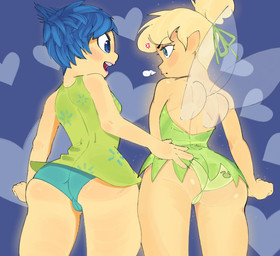 accessory annoyed back_wings big_butt biped blonde_hair blue_background blue_eyes blue_hair blush blush_lines butt camel_toe clothed clothed_female clothed_humanoid clothing cross-popping_vein dress duo eyebrow_through_hair eyebrows eyelashes female green_clothing green_dress green_panties green_underwear hair hair_accessory hair_bun hair_tie hand_on_butt humanoid_pointy_ears insect_wings open_mouth panties pointy_ears rear_view short_hair simple_background thick_thighs tied_hair translucent translucent_hair underwear upskirt wide_hips wings yellow_body magnetstuff disney inside_out peter_pan pixar joy_(inside_out) tinker_bell_(disney) emotion_(inside_out) fairy humanoid winged_humanoid hi_res