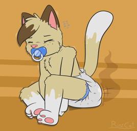 3_toes ageplay anthro black_eyebrows brown_body brown_ears brown_fur brown_tuft cheek_tuft clothed clothing diaper diaper_fetish diaper_only dipstick_tail eyebrows eyes_closed facial_tuft feces feet freckles fur head_tuft infantilism male markings multicolored_body multicolored_fur multicolored_tail object_in_mouth pacifier pacifier_in_mouth pawpads pink_nose pooping roleplay scatplay simple_background sitting smelly soiled_diaper soiling solo stink_fumes tail tail_markings tan_body tan_fur toes topless tuft unclean_diaper used_diaper wearing_diaper white_body white_fur yellow_background ritzcat ritz_(ritzcat) domestic_cat felid feline felis mammal 2021 hi_res signature