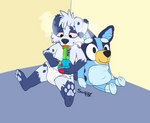 anthro bong bottomwear clothed clothing diaper drug_paraphernalia drug_usage drugs male marijuana plushie sitting smoking smoking_bong solo toddler underwear wearing_diaper what young scuzzyfox bluey_(series) bluey_heeler canid canine canis domestic_dog mammal hi_res