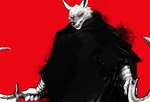 anthro black_cloak black_clothing cloak clothing fangs male red_background red_eyes sickle simple_background solo teeth goblinad dreamworks puss_in_boots_(franchise) death_(puss_in_boots) canid canine canis mammal wolf hi_res