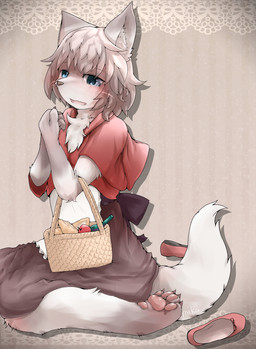 ambiguous_gender anthro apple barefoot basket blue_eyes bottle bread clothing container feet food footwear fruit fur grey_body grey_fur implied_transformation kneeling open_mouth pawpads plant shoes solo mikazuki162 fairy_tales little_red_riding_hood_(copyright) little_red_riding_hood canid canine canis mammal wolf 2016