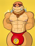 abs anthro big_bulge blush bodily_fluids bulge collar erection genital_fluids genitals horn huge_bulge male muscular muscular_anthro muscular_male nipples pecs penis solo raptorart mario_bros nintendo boom-boom boom-boom_(character) boom_boom koopa reptile scalie 3:4 hi_res