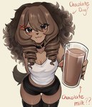 5_fingers anthro bottomwear breasts candy chocolate chocolate_milk claws cleavage clothed clothing container cup dessert drill_curls female female_anthro finger_claws fingers flavored_milk food fur hair holding_container holding_cup holding_object hotpants legwear looking_at_viewer milk pawpads shirt shorts solo tail tank_top text thigh_highs topwear puppyypawss puppy_(puppyypawss) canid canine canis domestic_dog mammal 2024 digital_media_(artwork) english_text hi_res