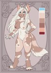 anthro blue_eyes brown_body brown_fur eyelashes female fur genitals hair long_hair nipples nude pussy solo standing tan_body tan_fur white_body white_fur white_hair tiggybloom african_wild_dog canid canine mammal hi_res model_sheet