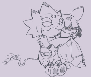 anthro cloak clothing cowl cuddling duo hug male male/male side_hug yogurtpubes bandai_namco digimon digimon_beatbreak chiropmon digimon_(species) gekkomon scalie hi_res sketch
