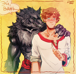 5_fingers anthro blue_eyes blush bottomwear claws clothed clothing dialogue duo ear_piercing ears_down fingers fluffy front_view fur fuzzy grey_body grey_fur grin hair hand_on_shoulder looking_at_another male muscular muscular_anthro muscular_male narrowed_eyes orange_hair pants piercing pivoted_ears shirt short_hair simple_background size_difference smile standing teeth text topless topwear yellow_background leonifa ivan_tsarevich_and_the_grey_wolf ivan_tsarevich seriy_volk canid canine canis human mammal wolf 2019 hi_res russian_text signature translated