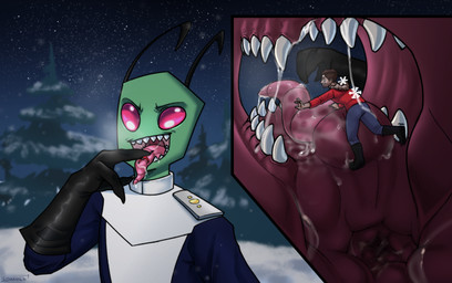 antennae_(anatomy) bodily_fluids breath brown_eyes brown_hair clothed clothing detailed_background duo extreme_size_difference facial_hair forced forest gloves green_body green_skin hair handwear human_prey imminent_vore internal macro male male/male micro mouth_play night not_furry open_mouth pink_eyes plant saliva scared sharp_teeth shrinking size_difference size_transformation smaller_human smile snow snowflake soft_vore teeth throat tongue tongue_out transformation tree uniform unwilling_prey vore tomush invader_zim nickelodeon neulan_(leerman) alien alien_humanoid human humanoid irken mammal 2022 comic digital_drawing_(artwork) digital_media_(artwork) hi_res shaded signature
