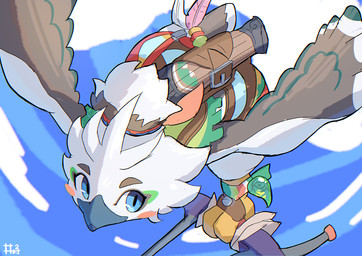 3_toes ambiguous_anthro ambiguous_gender anthro armor beak beak_closed biped blue_beak blue_eyes bow_(weapon) brown_body brown_eyebrows brown_feathers cheek_tuft clothed clothed_ambiguous clothed_anthro clothing cloud eyebrows facial_markings facial_tuft feather_hair feather_hands feathers feet flying glistening glistening_eyes green_body green_feathers green_kerchief green_markings green_neckerchief grey_markings head_markings holding_bow_(weapon) holding_object holding_ranged_weapon holding_weapon kerchief leather leather_armor markings mouth_closed multicolored_body multicolored_feathers neckerchief neckwear pseudo_hair quiver_(object) ranged_weapon red_cheeks scuted_feet scutes sky solo toes tuft weapon white_body white_feathers white_pseudo_hair young young_ambiguous young_anthro polynimuri nintendo the_legend_of_zelda tulin_(tloz) avian rito 2026 digital_media_(artwork) hi_res male_(lore)