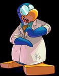 bald blue_body blue_clothing blue_shirt blue_topwear brush brushing clothing coat collared_shirt eyewear glasses lab_coat looking_aside male necktie open_mouth orange_necktie shirt solo toony topwear upper_teeth_only white_clothing white_coat white_topwear unknown_artist club_penguin gary_the_gadget_guy avian bird penguin alpha_channel full-length_portrait official_art portrait