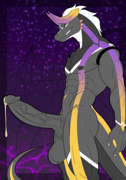 2_horns anthro balls big_balls big_penis bodily_fluids butt cum dez_mino_(protoskip) erection genital_fluids genitals gradient gradient_body hair horn humanoid_genitalia humanoid_penis looking_at_viewer male markings muscular nipples nude penis purple_markings saggy_balls simple_background smile solo standing tail vein veiny_penis yellow_markings protoskip mythology dragon mythological_creature mythological_scalie scalie digital_media_(artwork) hi_res