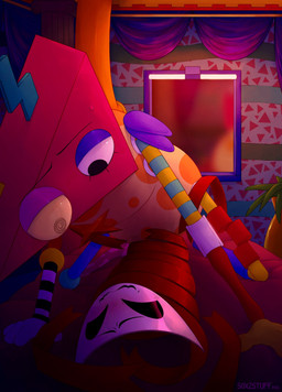bed bedding bedroom_eyes bedroom_sex dry_humping duo embarrassed female female/female flustered furniture mask mirror narrowed_eyes purple_eyelids red_body ribbons seductive star warm_lighting yellow_eyes soxzstuff glitch_productions the_amazing_digital_circus gangle_(tadc) zooble_(tadc) humanoid 2026 digital_media_(artwork) hi_res warm_colors nonbinary_(lore)