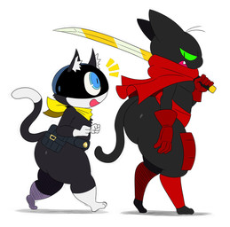 anthro barefoot belt big_butt black_body black_fur blue_eyes bottom_heavy butt clothing dipstick_tail duo feet fur gloves green_eyes handwear huge_butt kerchief male male_anthro markings mask melee_weapon multicolored_tail scarf shortstack shortstack_male simple_background sword tail tail_markings thick_thighs weapon white_background white_body white_fur wide_hipped_male wide_hips sssonic2 atlus cartoon_network mao_mao:_heroes_of_pure_heart megami_tensei persona_(series) persona_5 sega morgana_(persona) sheriff_mao_mao_mao domestic_cat felid feline felis mammal tuxedo_cat 2019 absurd_res digital_media_(artwork) hi_res