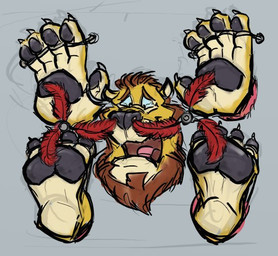 4_toes 5_fingers anthro beard black_nose black_pawpads brown_hair claws facial_hair feet finger_claws fingers fur hair laugh male open_mouth open_smile pawpads restrained restraints smile solo tan_body tan_fur tickle_fetish tickle_torture tickling tickling_feet tickling_hands tickling_nose toe_claws toes watery_eyes yellow_body yellow_fur kctk biff_kingston felid lion mammal pantherine