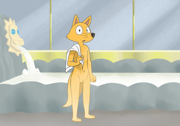 andromorph anthro bath bathhouse biped crossgender detailed_background fur genitals hot_spring intersex looking_at_viewer mta_crossgender mti_crossgender navel nude solo standing steam surprised towel towel_on_shoulder vulva water yellow_body yellow_fur sillydraco kaiketsu_zorori zorori canid canine fox mammal hi_res