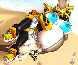 anus big_breasts big_butt black_body black_hair blue_eyes blue_nipples blue_vulva breasts butt eyelashes female female_human female_humanoid genitals gesture hair hammock hand_behind_head hand_gesture huge_breasts huge_butt hyper hyper_breasts looking_at_viewer lying machine macro multicolored_body nipples non-mammal_breasts nude_human on_back orange_eyes orange_hair size_difference solo v_sign visor_eyes vulva white_body yellow_body nutnut_kunisaki metalcard_bot taki_(metalcard_bot) cheetah felid feline human humanoid mammal robot robot_humanoid 2026 absurd_res digital_drawing_(artwork) digital_media_(artwork) hi_res