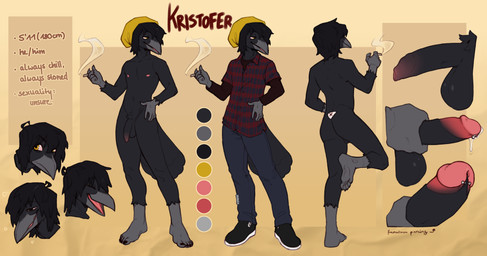 anthro beanie beanie_only black_body black_hair bodily_fluids clothing drugs erection feathers flaccid foreskin genital_fluids genital_piercing genitals hair hat headgear headwear humanoid_genitalia humanoid_penis long_foreskin male marijuana nipples penis piercing pink_nipples precum retracted_foreskin retracting_foreskin smoking smoking_marijuana solo tail tail_feathers text unretracted_foreskin yellow_eyes kyrosh kristofer_(3wafers) avian bird corvid corvus_(genus) crow oscine passerine absurd_res english_text hi_res model_sheet