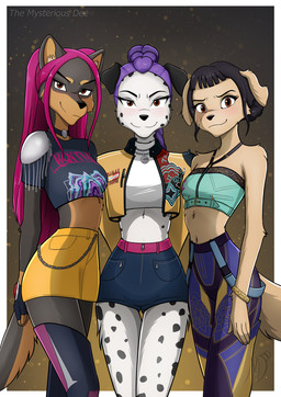 anthro clothing crop_top female group hair hair_bun high_waisted_shorts high_waisted_skirt jacket long_braid shirt spots topwear trio themysteriousdee kpop_demon_hunters mira_(kpop_demon_hunters) rumi_(kpop_demon_hunters) zoey_(kpop_demon_hunters) canid canine canis dalmatian domestic_dog mammal hi_res