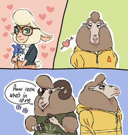 annoyed anthro arrow_through_heart brown_body brown_fur brown_wool clothed clothing dialogue eyewear female flower fur glasses green_eyes group heart_symbol hoodie horn male night_howlers plant romantic shippings text topwear trio white_body white_fur white_wool wool_(fur) wool_hair yellow_clothing yellow_eyes yellow_hoodie yellow_topwear miss-ewe3479 disney zootopia dawn_bellwether doug_ramses woolter_(zootopia) bovid caprine mammal sheep comic english_text hi_res