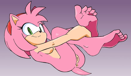 anus breasts butt feet female genitals gradient_background hair looking_at_viewer lying nude on_back pink_body short_hair simple_background smile solo tail vulva randomguy999 sega sonic_the_hedgehog_(series) amy_rose eulipotyphlan hedgehog mammal hi_res