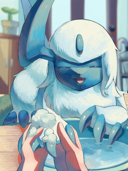 ambiguous_gender bathing blurred_background claws container content_smile duo eyes_closed feral fur horn lying on_front open_mouth tail tongue water white_body white_fur p9kfxaofqi54546 nintendo pokemon absol generation_3_pokemon human mammal pokemon_(species) 2025 3:4 hi_res