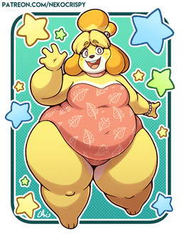3_toes 4_fingers accessory anthro barefoot bell_accessory belly belly_overhang big_belly blonde_hair blush blush_stickers bracelet breasts brown_eyes brown_nose buckteeth clothing eyelashes feet female fingers fur gesture green_background hair hair_accessory hair_bun huge_thighs jewelry leotard looking_at_viewer medium_breasts multicolored_body multicolored_fur navel navel_outline obese obese_anthro obese_female one-piece_swimsuit open_mouth overweight overweight_anthro overweight_female pattern_clothing pear-shaped_figure pearl_bracelet pupils simple_background smile smiling_at_viewer solo star swimwear teeth thick_thighs toes waving waving_at_viewer white_body white_fur white_pupils wide_hips yellow_body yellow_fur nekocrispy animal_crossing nintendo isabelle_(animal_crossing) canid canine canis domestic_dog mammal shih_tzu toy_dog 2026 hi_res