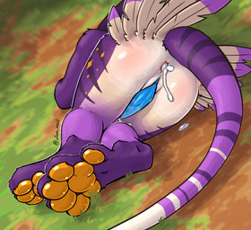 anal anthro blue_penis bodily_fluids butt butt_focus cum cum_drip cum_in_ass cum_inside dripping feathers fur genital_fluids genitals lying male on_side pawpads paws penis purple_body purple_fur solo tail yellow_pawpads vikas avali hi_res