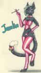 anthro biped cigarette cigarette_holder clothed clothing collar female fur latex partially_clothed paws relaxing simple_background smile smoke solo standing sunny_way javelin_(character) domestic_cat felid feline felis mammal 2016 character_name hi_res traditional_media_(artwork)