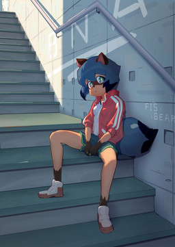 anthro black_hair blue_hair brown_body brown_fur clothed clothing detailed_background facial_markings female footwear fur gloves_(marking) hair head_markings jacket markings mask_(marking) multicolored_body multicolored_eyes multicolored_fur multicolored_hair multicolored_tail shirt short_hair solo tail topwear fisbear brand_new_animal studio_trigger michiru_kagemori canid canine mammal raccoon_dog tanuki 2020 absurd_res hi_res