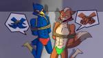 angry anthro avian bandanna bdsm bound bulge canid canine clothed clothing detailed_bulge duo erection falco_lombardi fox fox_mccloud gag gagged genital_outline genitals hands_tied jde10 kerchief kneeling male mammal muscular muscular_male nintendo penis penis_outline rope speedo star_fox swimwear topless