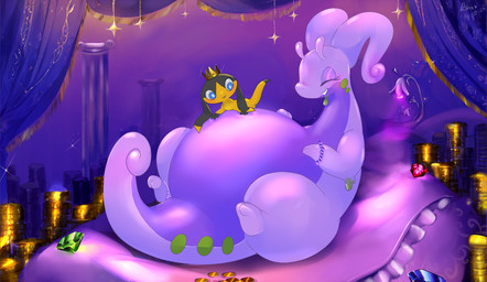 2_fingers 2_toes 4_fingers anklet antennae_(anatomy) beaded_anklet beaded_bracelet beaded_jewelry beads bed belly big_belly black_tail_tip blue_curtains blue_eyes blush bracelet coin crown dipstick_tail duo eyes_closed feet female fingers flower furniture gem green_markings hand_on_belly happy headgear inside jewelry larger_female light lying lying_on_bed male markings multicolored_body multicolored_skin multicolored_tail on_back on_bed pillar pink_body pink_skin pink_tail plant pregnant pregnant_female pupils purple_body purple_skin semi-anthro size_difference slime smaller_male smile tail tail_markings toes two_tone_tail white_pupils wide_hipped_female yellow_body yellow_skin yellow_tail black_kitty nintendo pokemon generation_6_pokemon goodra helioptile pokemon_(species) 2025 colored digital_drawing_(artwork) digital_media_(artwork) english_description hi_res lighting shaded