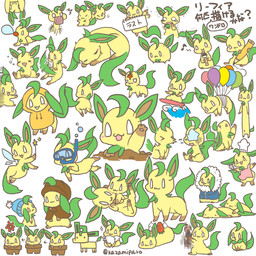 ambiguous_gender butt contextual_arrow cosplay directional_arrow duo feral sequential_arrow solo text paro28 nintendo pokemon eeveelution generation_4_pokemon leafeon pokemon_(species) 1:1 japanese_text multiple_images translated