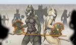 2017 5:3 absurd_res anthro armor blue_eyes braided_hair breasts canid canine canis cleavage clothed clothing coyote digital_media_(artwork) duo_focus female green_eyes group hair hi_res holding_object holding_weapon jessica_vega long_hair mammal melee_weapon polearm reaper3d renvy shield simple_background spear unconvincing_armor weapon wolf