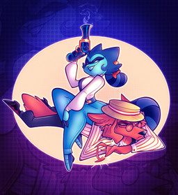 annoyed anthro blue_body blue_fur duo female fur gun gun_smoke handgun looking_at_another male male/female ranged_weapon red_body red_fur revolver sitting_on_another smile smoke tapping_fingers weapon wide_hips frazzy_bear cazadora_(rentonreverb) dandy_(rentonreverb) canid canine canis coyote mammal procyonid raccoon absurd_res hi_res