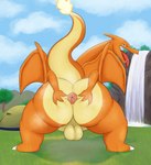 absurd_res anthro anus balls bedroom_eyes big_butt blue_eyes butt camp charizard cloud day detailed_background fire generation_1_pokemon genitals grass hi_res kiffy_(artist) looking_at_viewer looking_back looking_pleasured male mountain musk musk_clouds narrowed_eyes nintendo orange_body outside plant pokemon pokemon_(species) pokemon_camp presenting presenting_anus rock seductive shrub solo spread_anus spread_butt spreading tail thick_thighs tongue tongue_out tree water waterfall wings yellow_body