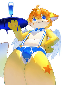 anthro blue_briefs blue_clothing blue_eyes blue_underwear bow_tie briefs bulge clothing container countershading cup fur glass glass_container glass_cup hair hand_on_hip holding_tray kemono looking_at_viewer low-angle_view male navel orange_hair simple_background solo suspenders underwear white_background wings yellow_body yellow_fur young young_anthro young_male hauhau_mg mammal 2026 absurd_res hi_res