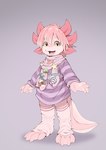 clothing male multicolored_body pawpads paws smile solo two_tone_body young makioraku amphibian axolotl marine mole_salamander salamander absurd_res hi_res