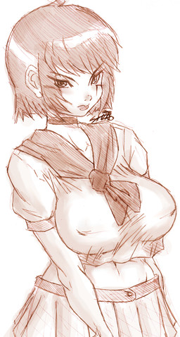 asian_clothing big_breasts blush breasts choker clothed clothing east_asian_clothing female frown grumpy hair human_only japanese_clothing japanese_school_uniform jewelry lips midriff natural_breasts necklace not_furry pose scarf school_uniform serafuku short_hair solo uniform wide_hips shiromadoshi ketski human mammal 2008 grandfathered_content half-length_portrait monochrome portrait