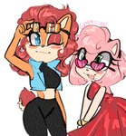 anthro blue_eyes bracelet clothing dress eyewear female glasses green_eyes hair jewelry long_hair looking_at_viewer looking_up open_mouth pink_hair red_clothing red_dress red_hair short_hair smile sunglasses tail teeth tongue gummierat archie_comics sega sonic_the_hedgehog_(archie) sonic_the_hedgehog_(comics) sonic_the_hedgehog_(series) amy_rose sally_acorn animal_humanoid chipmunk_humanoid eulipotyphlan eulipotyphlan_humanoid ground_squirrel_humanoid hedgehog_humanoid humanoid mammal mammal_humanoid rodent rodent_humanoid sciurid sciurid_humanoid hi_res