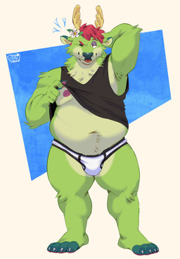 accessory anthro antlers armpit_hair black_clothing black_shirt black_tank_top black_topwear blep body_hair bulge clothed clothing dipstick_ears ear_markings flower flower_in_hair fur green_body green_fur hair hair_accessory horn humanoid_hands inner_ear_fluff looking_at_viewer male markings multicolored_ears navel neck_tuft nipples one_eye_closed overweight overweight_anthro overweight_male pantsless_anthro pantsless_male pawpads pink_nipples pink_pawpads pink_tongue plant raised_arm raised_clothing raised_shirt raised_tank_top raised_topwear red_eyes red_hair shirt solo standing tank_top tongue tongue_out topwear tuft underwear white_clothing white_underwear wink winking_at_viewer bennycartoonist russelbuck_(character) canid canine canis deer domestic_dog hybrid mammal 2026 absurd_res digital_drawing_(artwork) digital_media_(artwork) english_description hi_res