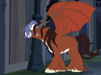 alternate_species bat_wings bedroom_eyes blue_hair brown_body brown_fur brown_hair brown_tail claws clothing coat cuddling door duo ear_tuft eyelashes eyes_closed female feral fetlocks freckles fur grin hair happy haunted hooves horn inner_ear_fluff long_hair long_mane male male/female membrane_(anatomy) membranous_wings monster_girl_(genre) multicolored_clothing multicolored_coat multicolored_topwear narrowed_eyes pale_skin seductive size_difference smile spread_wings tail topwear tuft two_tone_clothing two_tone_coat two_tone_topwear wall_(structure) wing_claws wings badumsquish friendship_is_magic hasbro my_little_pony troubleshoes_(mlp) wallflower_blush_(eg) bat_pony clydesdale demon draft_horse earth_pony equid equine ghost horse human mammal monster_pony pony popobawa spirit undead absurd_res hi_res