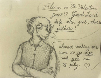 anthro blush crossed_arms dialogue ears_up eyebrows flirting flirting_with_viewer fur heart_symbol holidays horn looking_at_viewer male smile smiling_at_viewer solo speech_bubble text wool_(fur) reynard_goodfellow valentine's_day reynard_the_baa bovid caprine mammal sheep 2024 english_text traditional_media_(artwork)