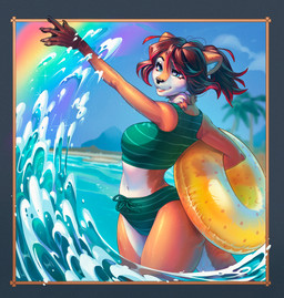 anthro beach bikini bikini_bralette biped brown_body brown_fur brown_hair circle_eyebrows clothing countershading eyebrows female female_anthro freckled_face freckles fur fur_markings green_bikini green_clothing green_eyes green_swimwear hair highlights_(coloring) inflatable inner_tube island markings membrane_(anatomy) midriff multicolored_body multicolored_fur multicolored_hair navel palm_tree paws plant pose rainbow red_highlights sea short_hair solo splash striped_body striped_fur striped_markings striped_tail stripes summer swimwear tail tail_markings tree tropical two-piece_swimsuit water webbed_hands white_body white_fur yoshi2332 thalassophilia_(zombiecowherd) riley_delmare mammal mustelid otter river_otter absurd_res hi_res pinup