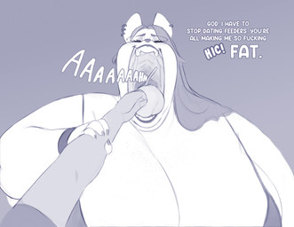 anthro arm_grab bracelet breasts cleavage clothed clothing duo ear_piercing feeder feederism feeding female female/female hiccuping jewelry mouth_shot open_mouth overweight overweight_anthro overweight_female piercing vore gelatingent mammal mouse murid murine rodent hi_res