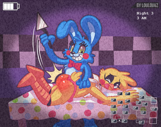 anthro blue_body blue_fur butt butt_slap camera clothing dominant dominant_male duo embarrassed female fur furniture machine male male/female panties pizzeria punishment recording reddened_butt security security_camera slap spank_marks spanked_butt spanking submissive submissive_female table text underwear loulouvz five_nights_at_freddy's five_nights_at_freddy's_2 scottgames bonnie_(fnaf) chica_(fnaf) toy_bonnie_(fnaf) toy_chica_(fnaf) animatronic avian bird chicken galliform lagomorph leporid mammal phasianid rabbit robot absurd_res english_text hi_res