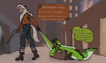 anthro bound clothed clothing dialogue duo female gun ranged_weapon shotgun speech_bubble text torn_clothing weapon sosis deadlock_(game) mythology valve lilah_silver vyper_(deadlock) canid canine humanoid mammal mythological_canine mythological_creature reptile scalie werecanid werecanine werecreature werewolf english_text